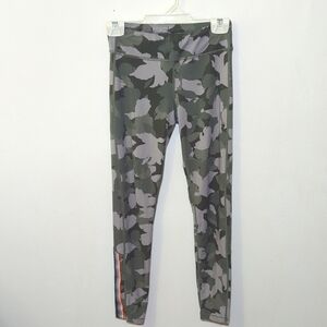 Athleta Girl Green Camo Leggings with Orange + Gray + Black Stripes Size XL 14